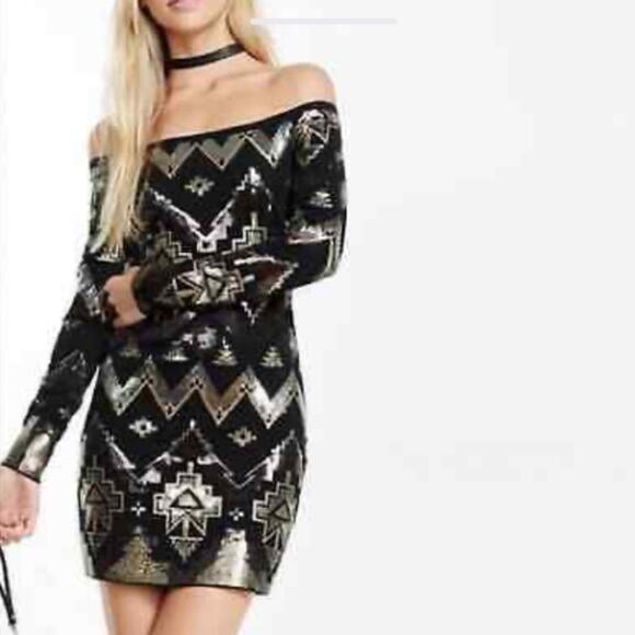 Express Black Off Shoulder Deco Sequined Dress Y2K retro club gold metallic sz L - Picture 1 of 16